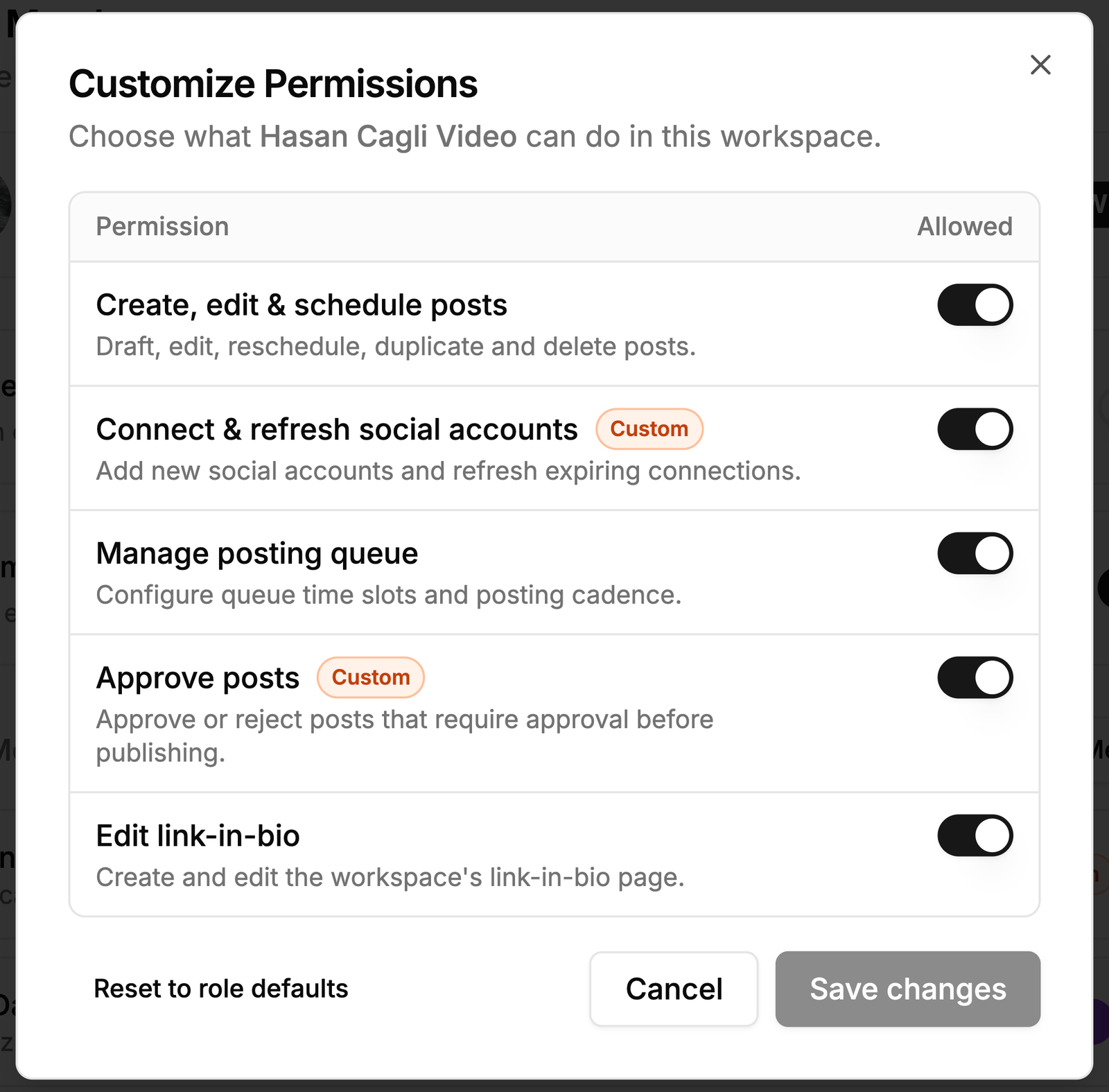 Customize permissions per team member