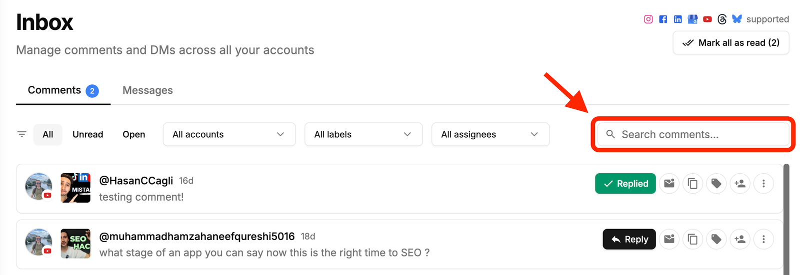 Search comments in the Social Inbox